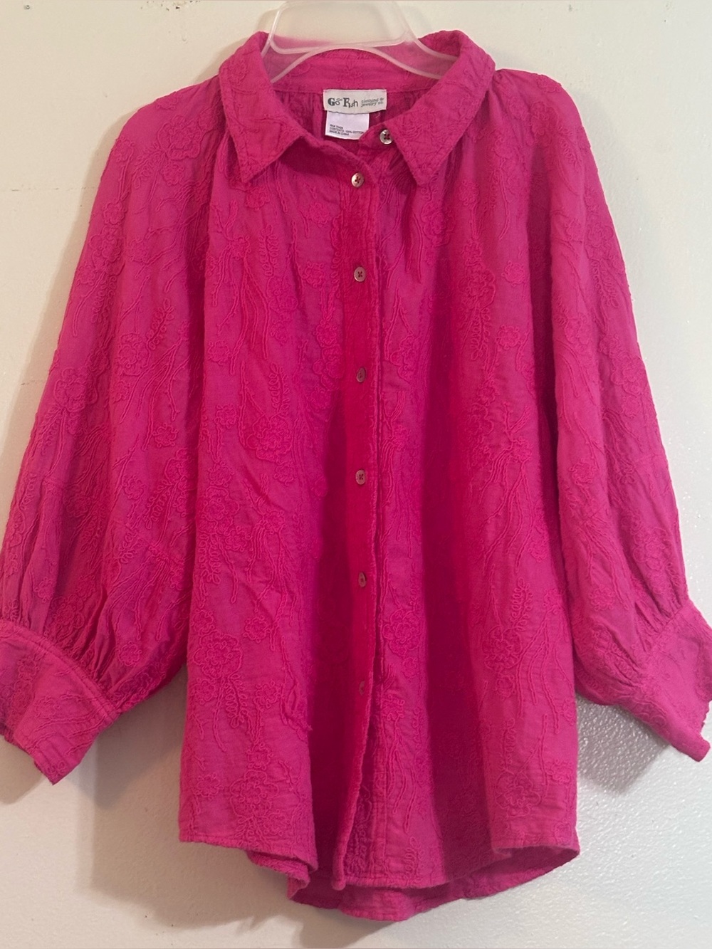 Go Fish Textured Embroidered Button-Down Shirt - Vibrant Fuchsia Oversized S M